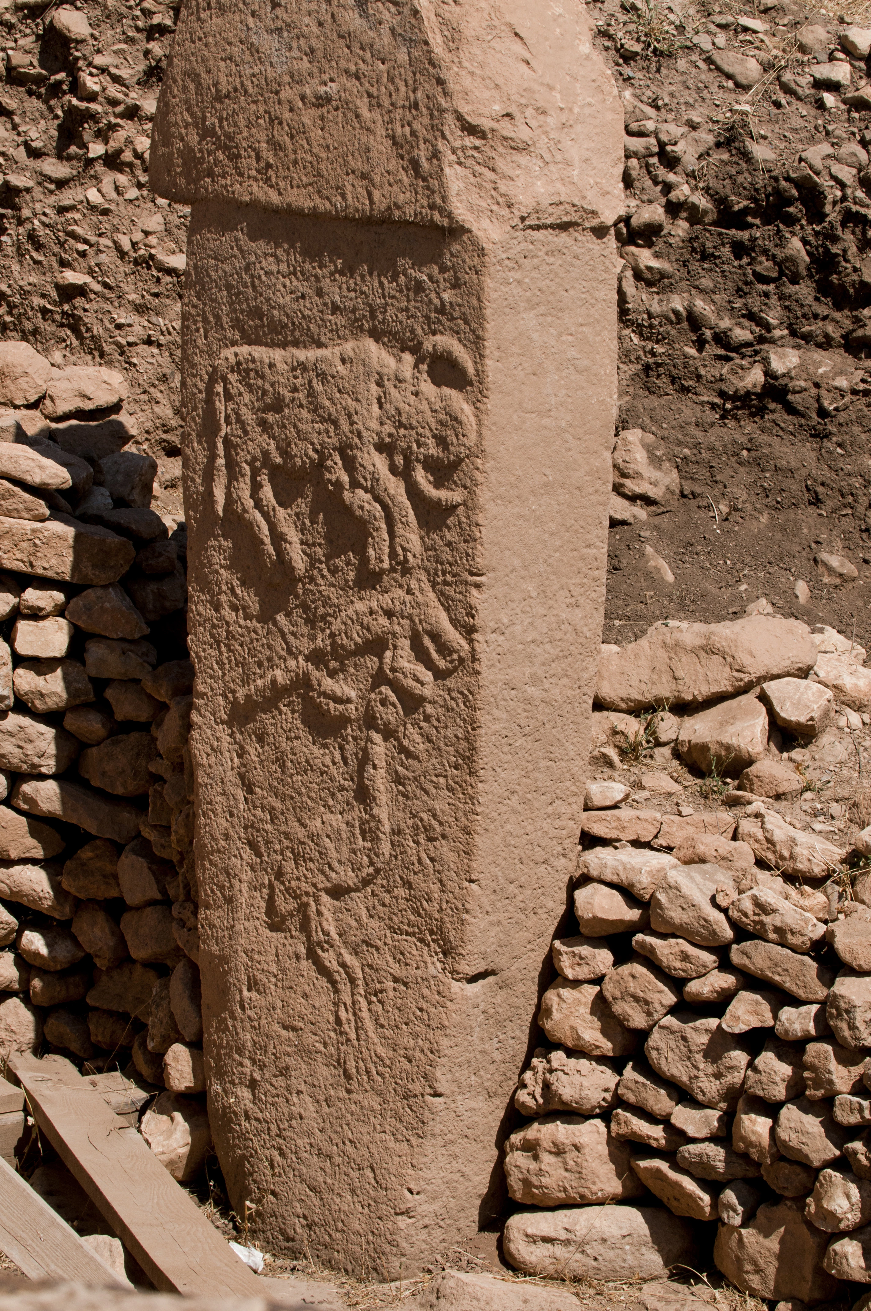 Uno dei pilastri a T decorati con rilievi di animali, nel sito di Göbekli Tepe, in Turchia.