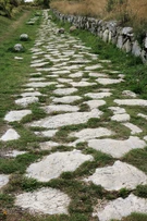 Esempio di antica strada romana lastricata, ad Alba Fucens (non la Via Emilia Scauri).