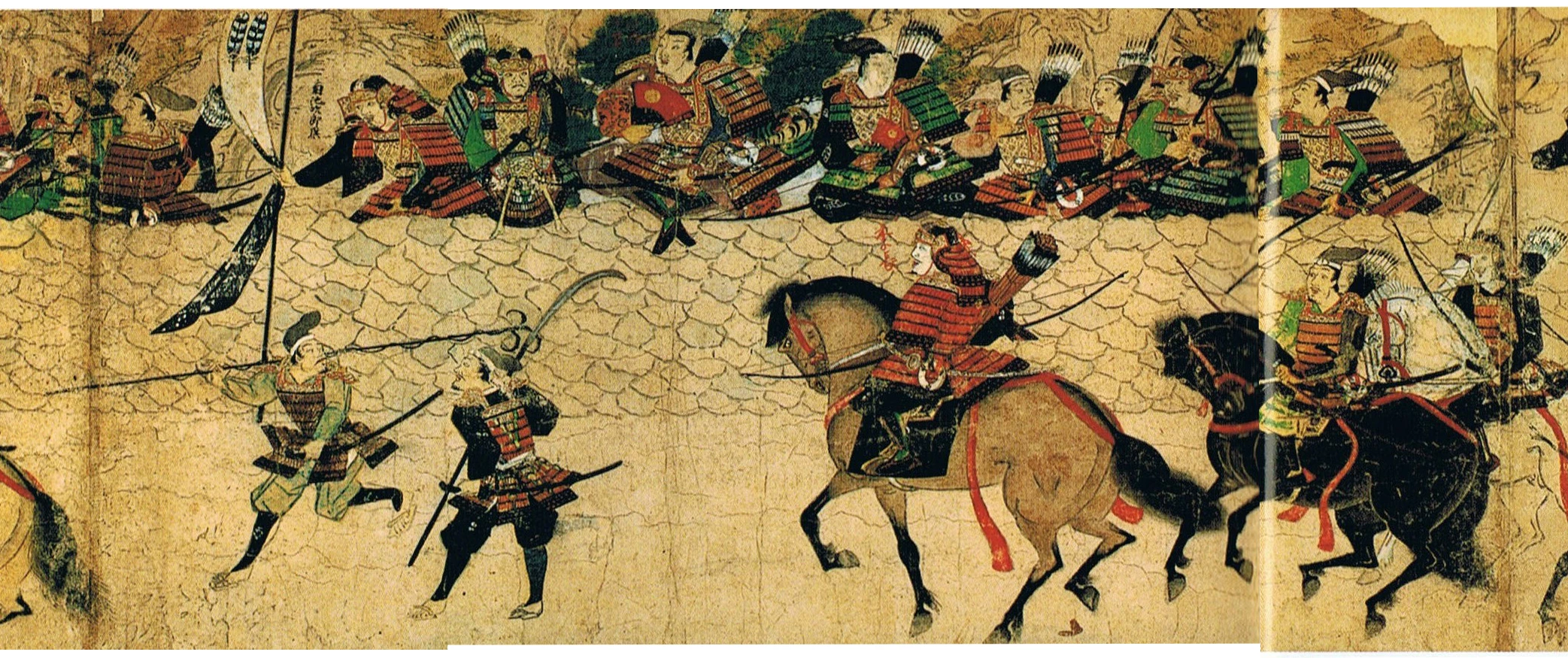 Samurai in battaglia contro l'invasione mongola del Giappone, in un rotolo illustrato giapponese del XIII secolo (Mōko Shūrai Ekotoba).