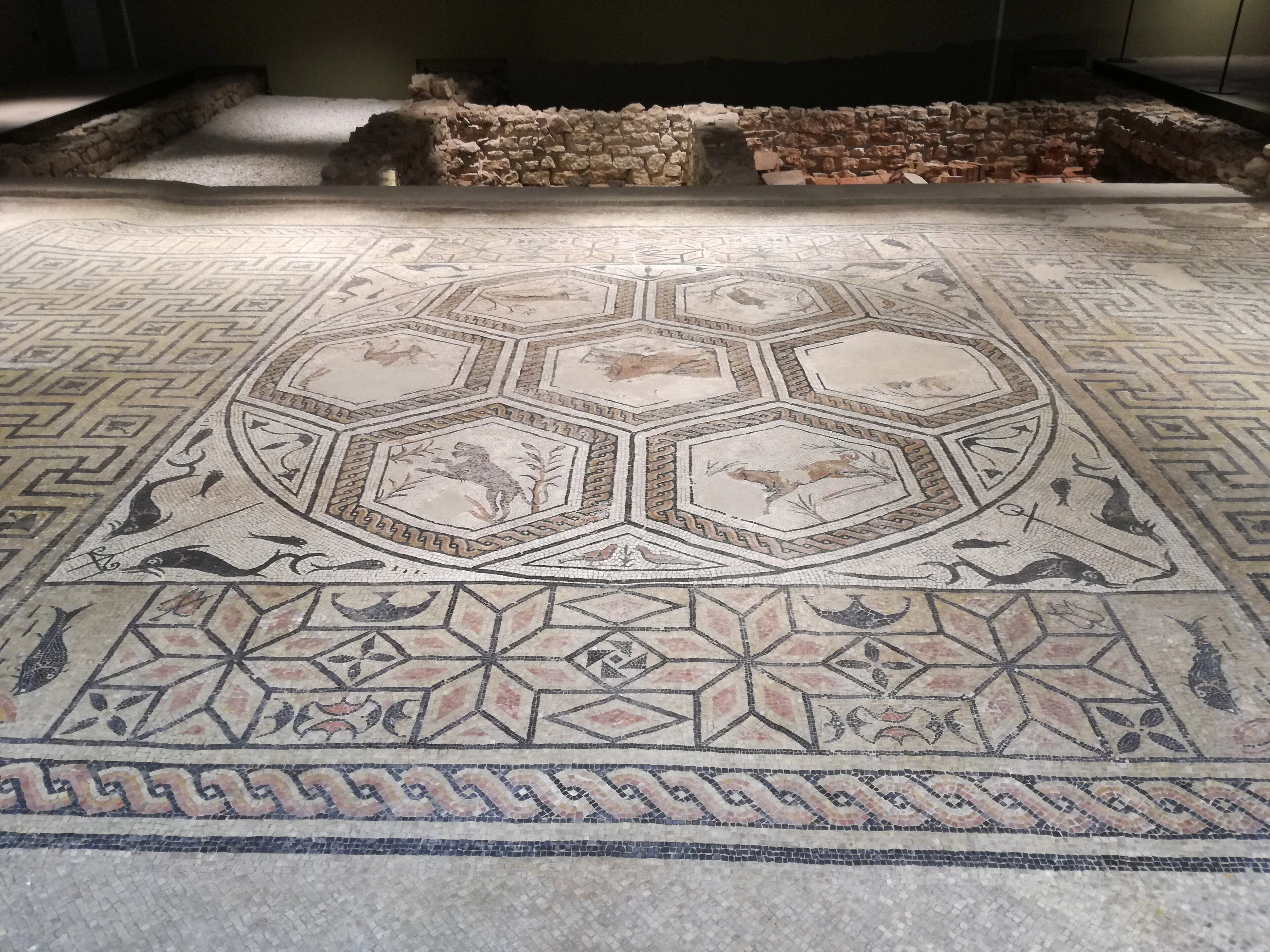 Il mosaico pavimentale della villa romana di Orfeo, sito archeologico sotterraneo di Trento.