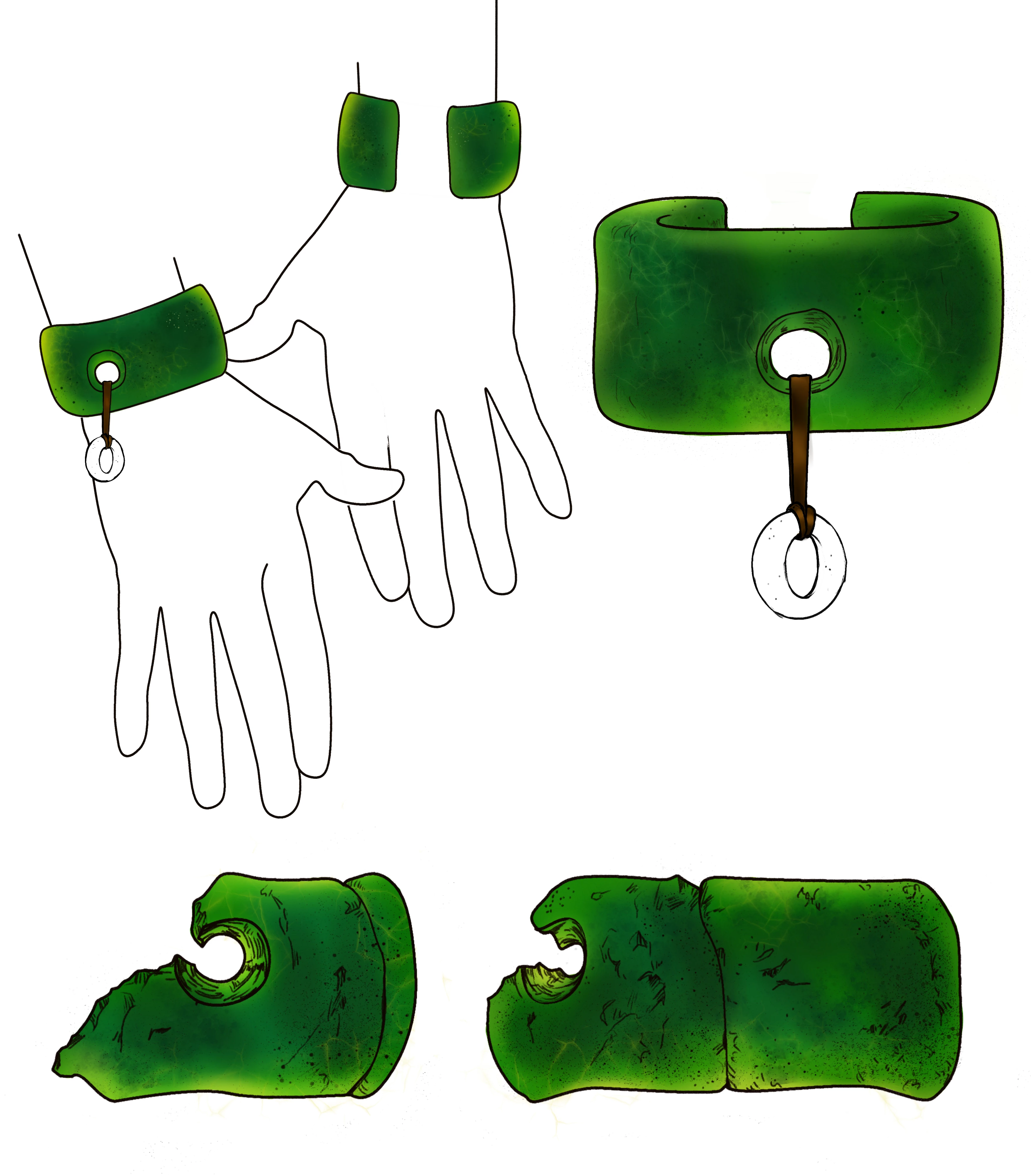Il bracciale in pietra verde di Denisova, con i frammenti ritrovati e una ricostruzione di come sarebbe stato indossato.